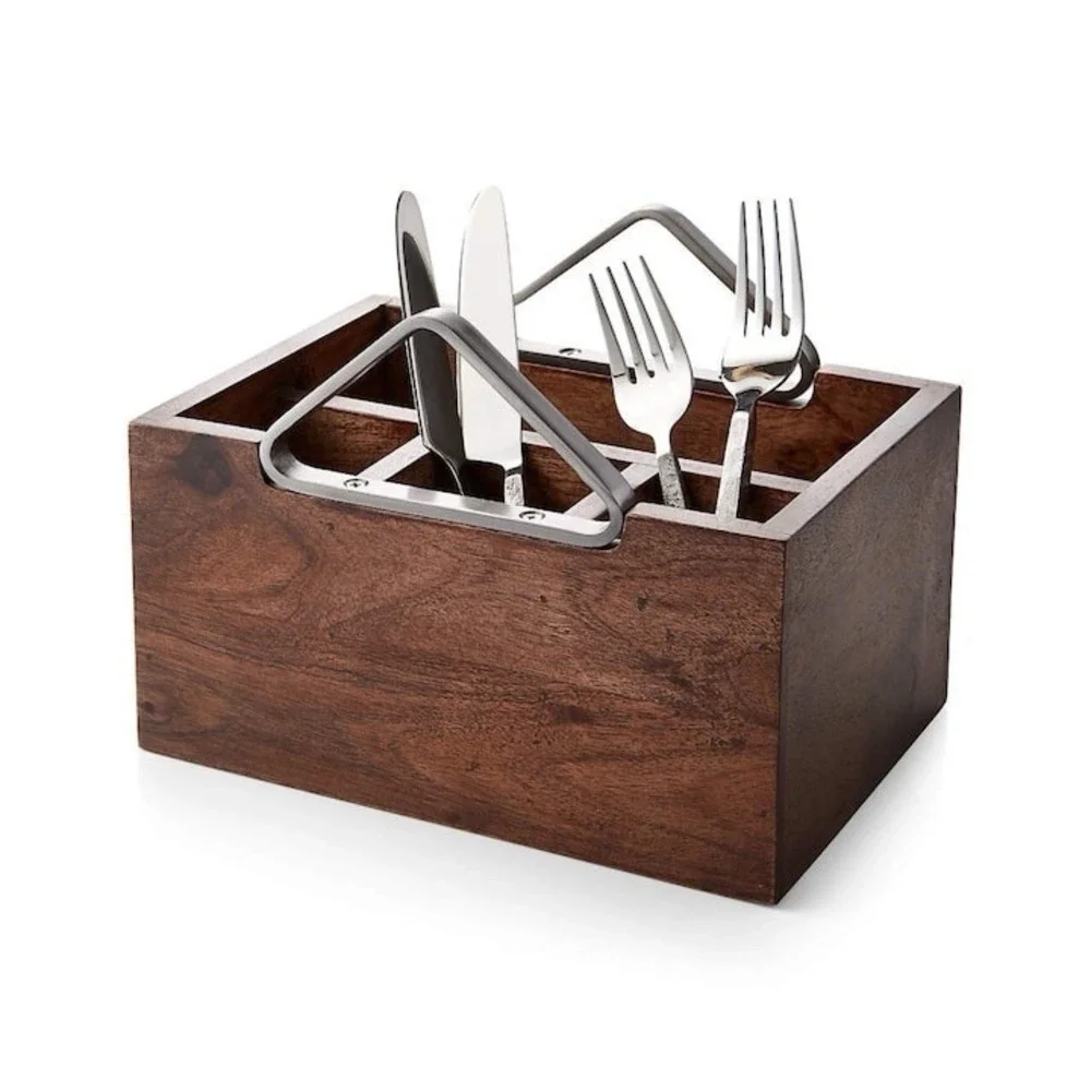 Crate And Barrel Boyd Acacia Wood Flatware Caddy Lacquer Finish Stainless Steel